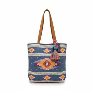 NWT Chloe & Lex Wool Tapestry Tote Bag Leather Boho Southwestern Print Tassel